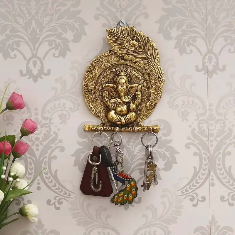 Ecraftindia golden lord ganesha mor pankh 4 hooks key holder