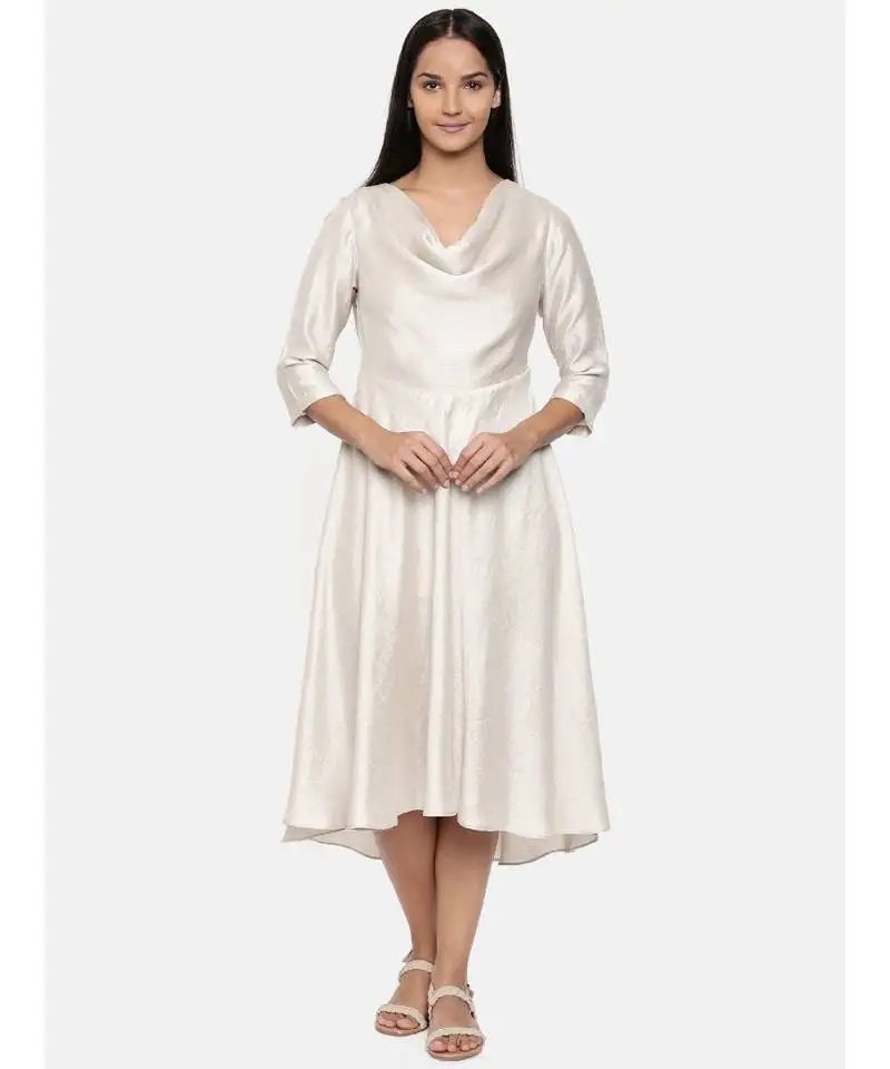 Mayank modi silver beige, cotton silk high low cowl dress.