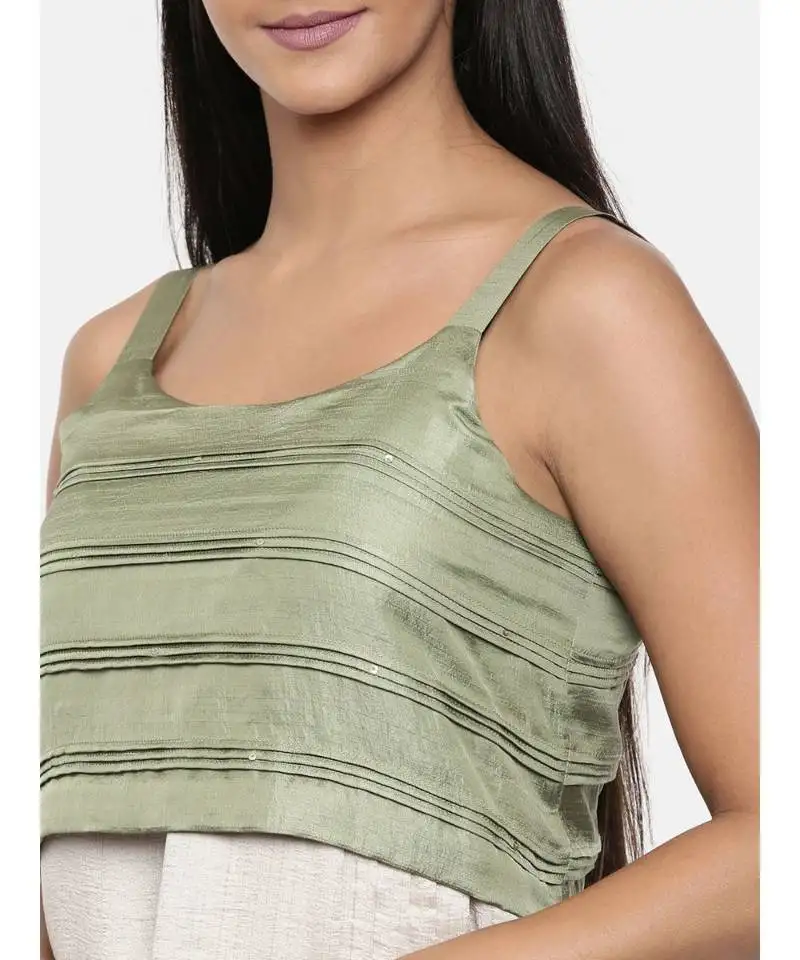 Mayank modi silver beige and green cotton silk pleated dress