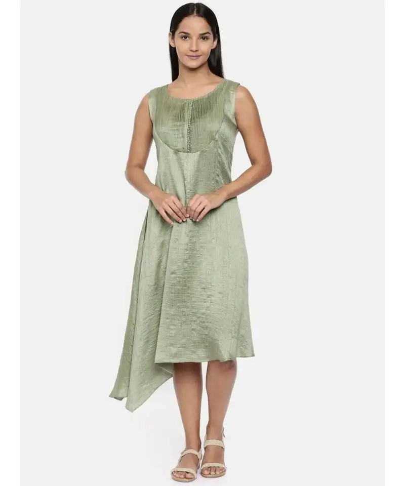 Mayank modi green, cotton silk dress with pleats detailings.