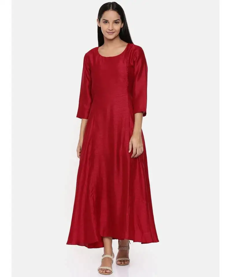 Mayank modi red cotton silk panelled dress with show potlis.