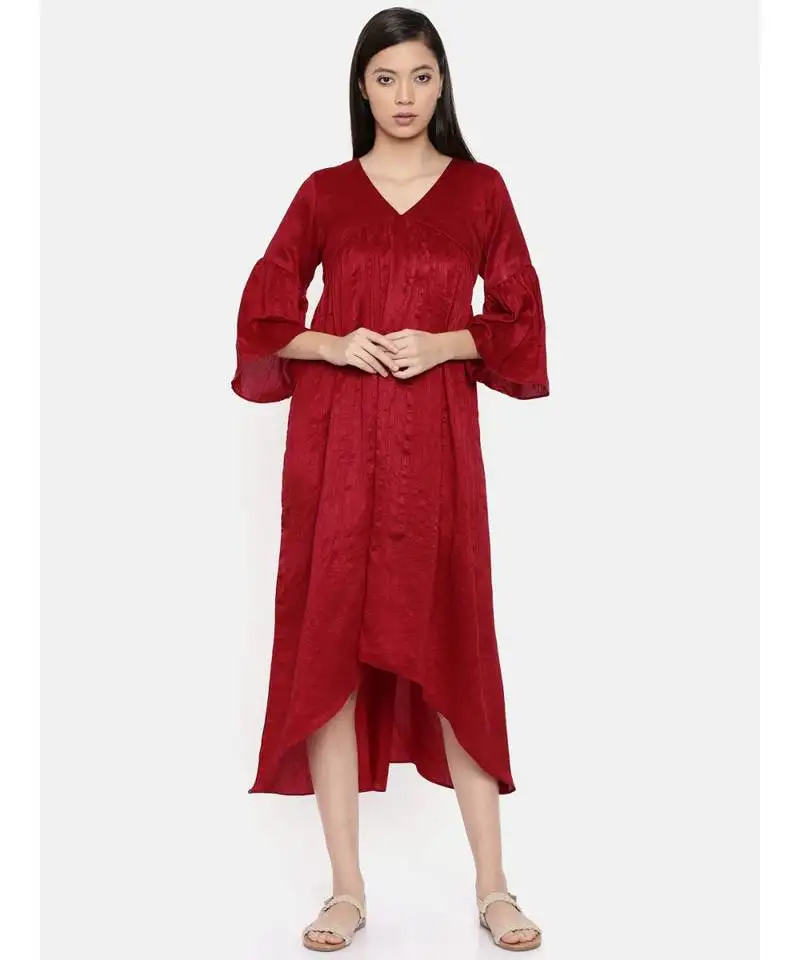 Mayank modi red assymetric dress with flounce sleeves and gathers