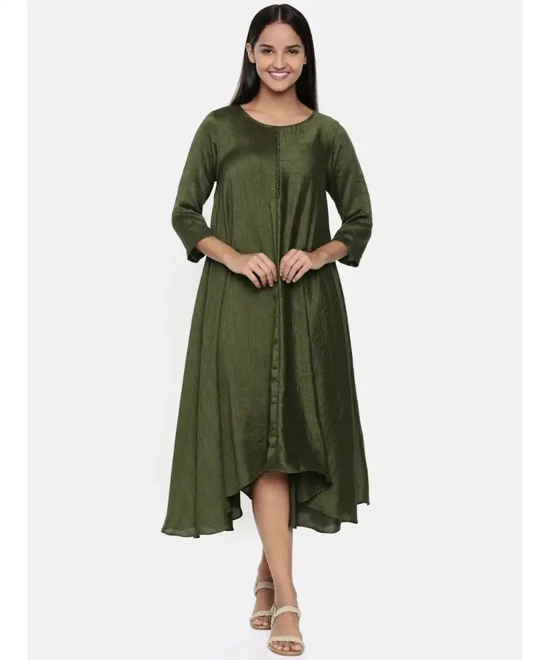 Mayank modi green cotton silk dress with show potlis.