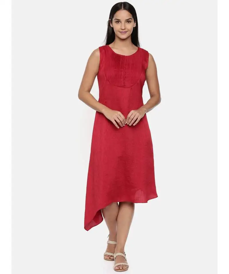 Mayank modi red, cotton silk dress with pleats detailings.