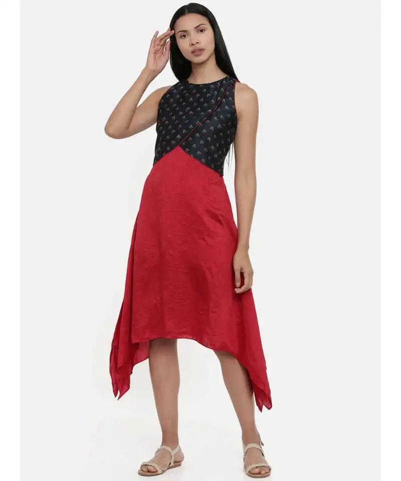 Mayank modi plain red and chanderi,silk slub asymmetrical dress