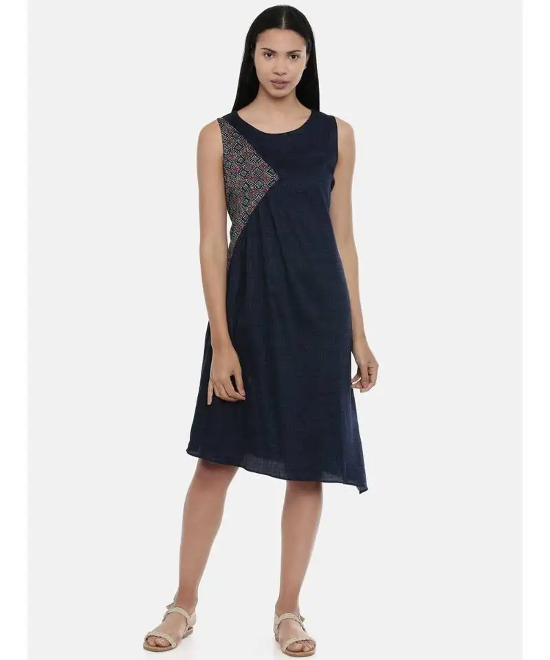 Mayank modi blue printed and checked,cotton satin gathered dress