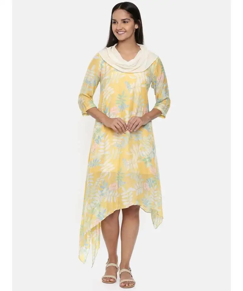 Mayank modi yellow printed muslin cotton cowl neck dress.