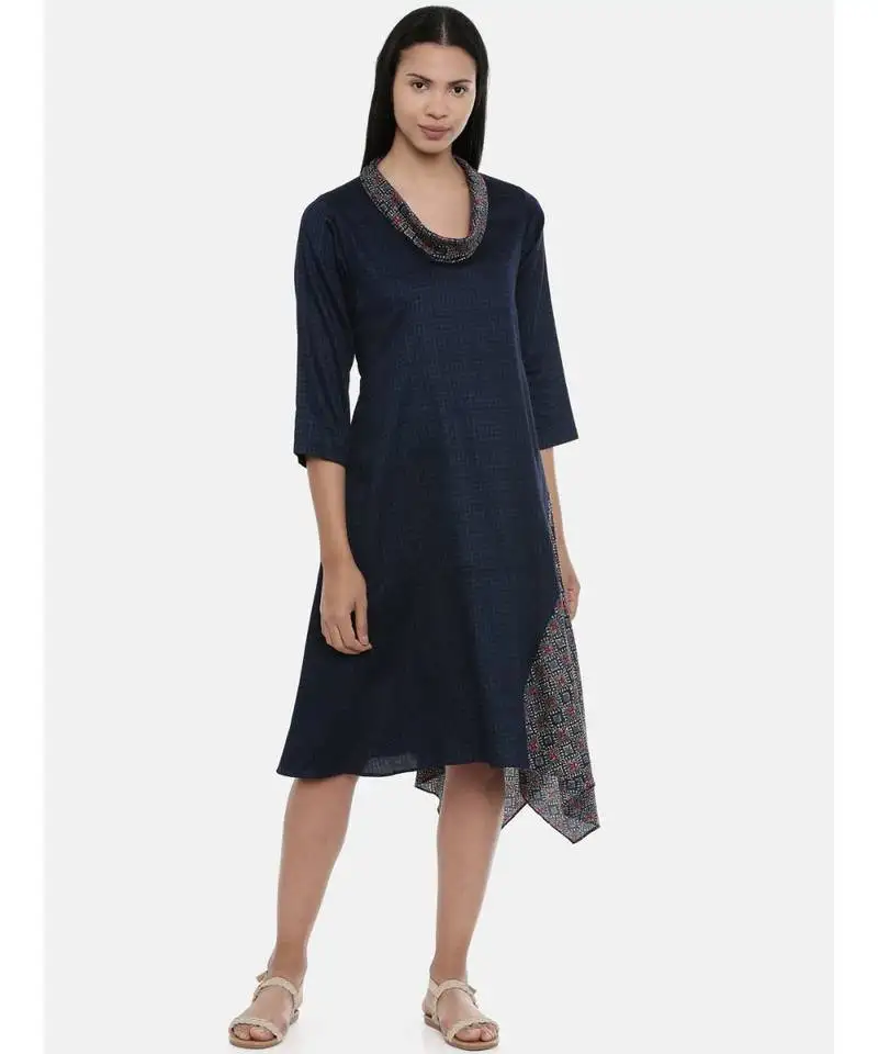 Mayank modi blue printed and checked,cotton satin asymmetrical cowl dress