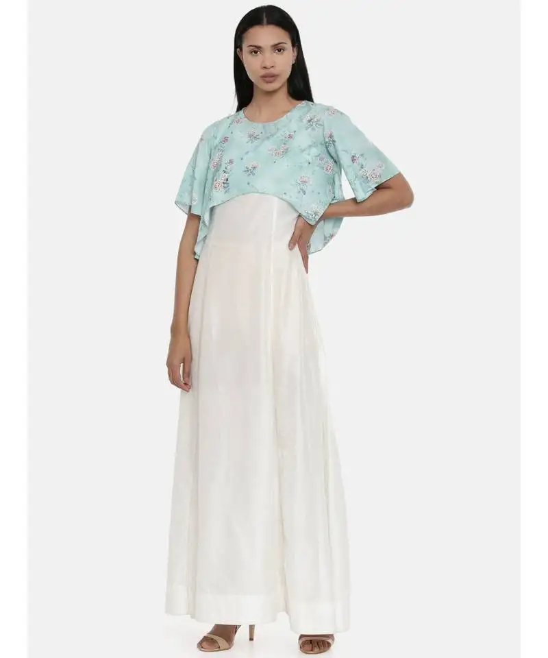 Mayank modi ivory and green cotton silk and linen cape gown