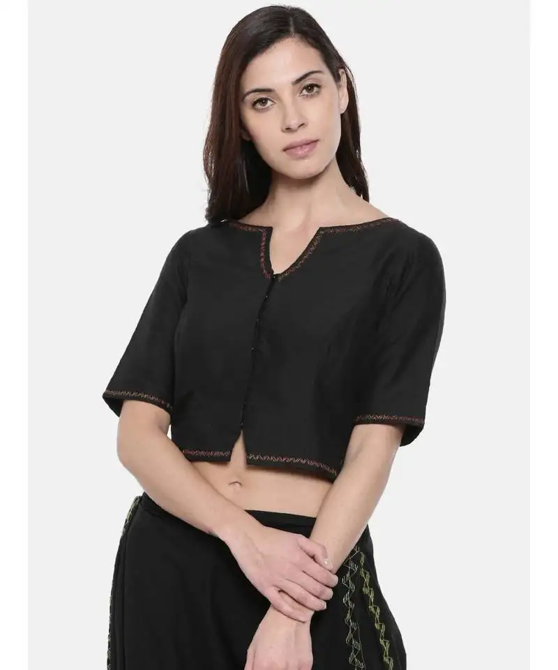 Asmi by mayank modi black embroidered cotton silk blouse