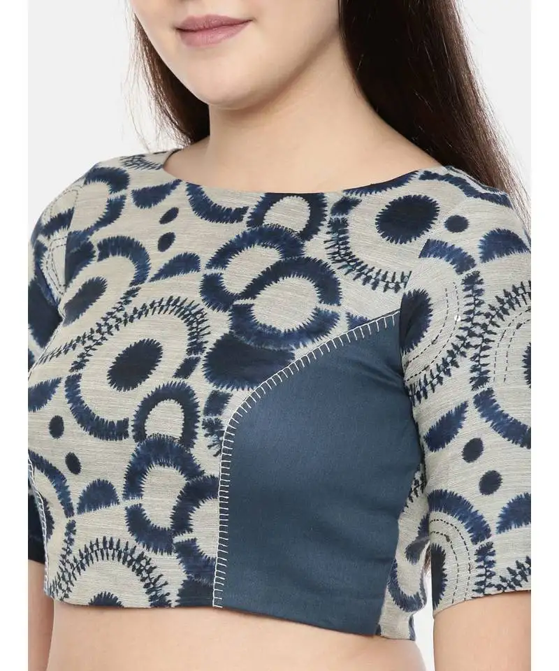 Dark blue chanderi::Naina satin embroidered blouse