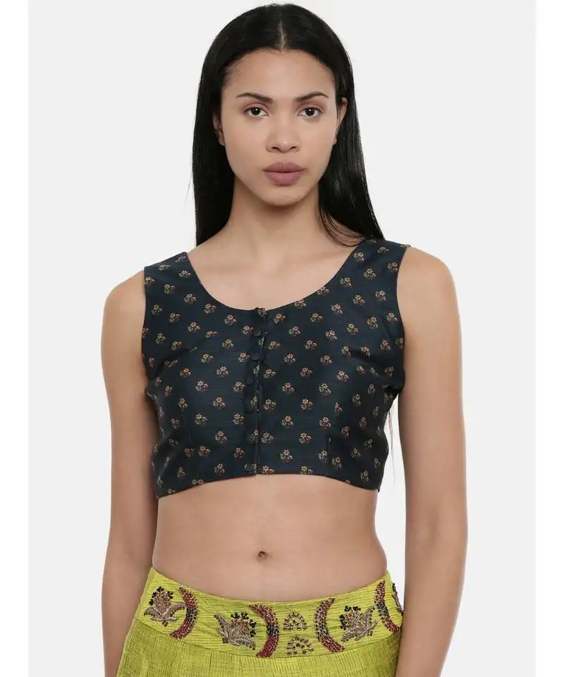 Asmi by mayank modi dark green,chanderi, sleeveless short blouse