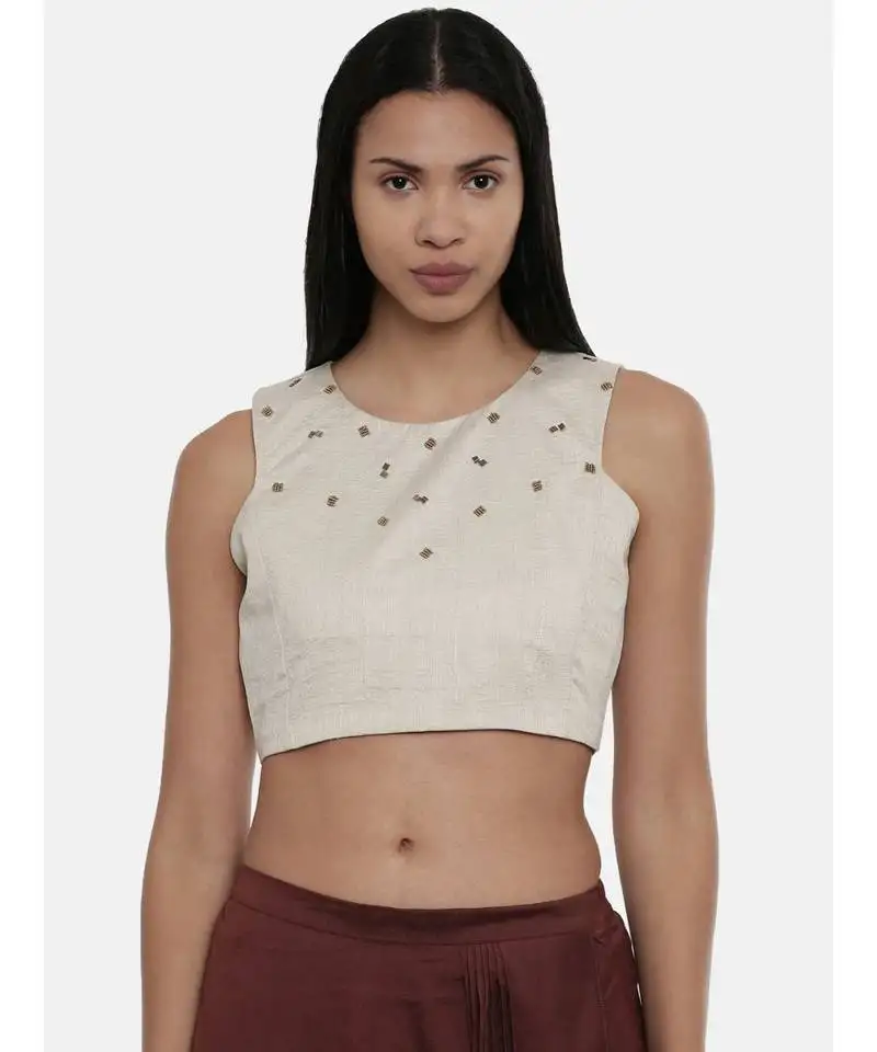 Asmi by mayank modi silver beige,silk slub sleevless short blouse