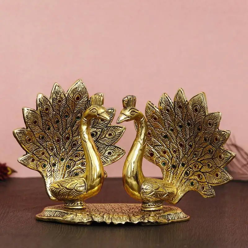 Ecraftindia loving golden swan with feather couple 6inch decorative metal figurine