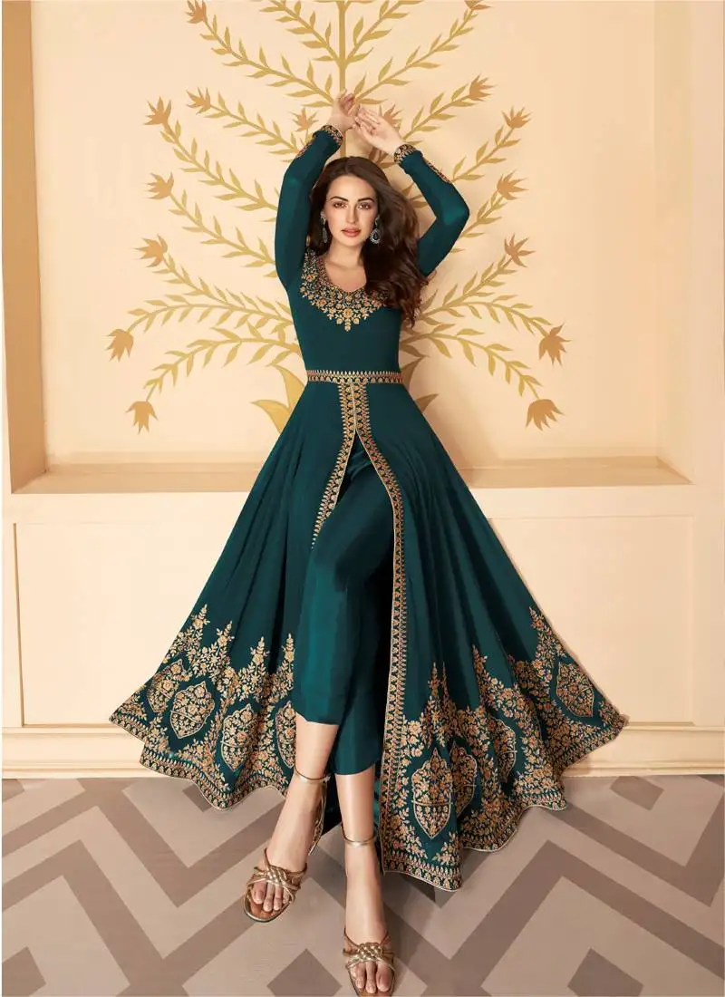 Teal green style embroidered anarkali suit. semi stitched