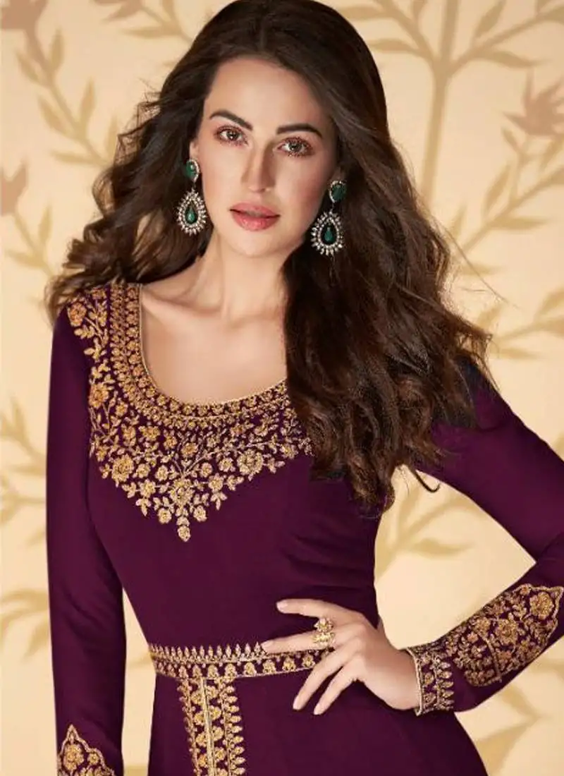 Wine slit style zari embroidered anarkali pant suit semi stitched