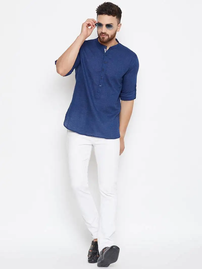 Blue woven cotton men kurtas