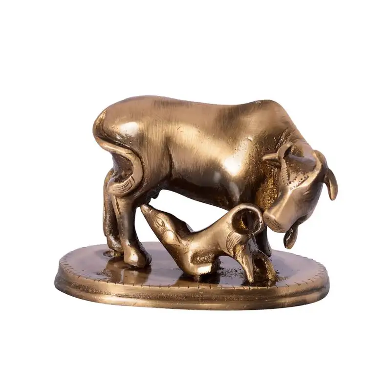Brass kamdhenu cow and calf sculpture