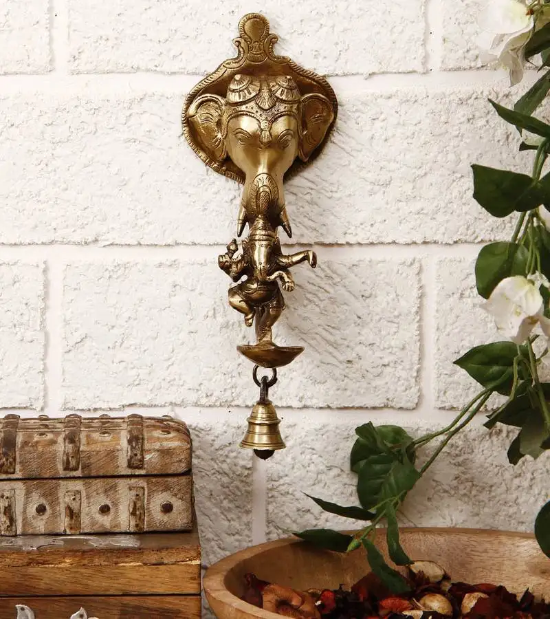 Brass ganesha wall hanging deep with bell and dancing ganesha