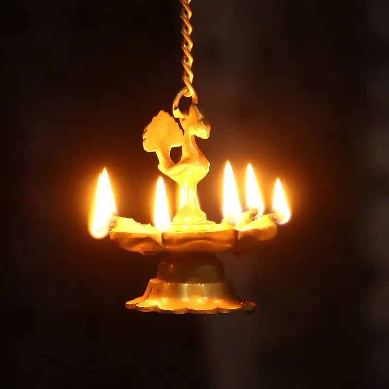 Peacock deepak golden chain brass hanging oil wick diya