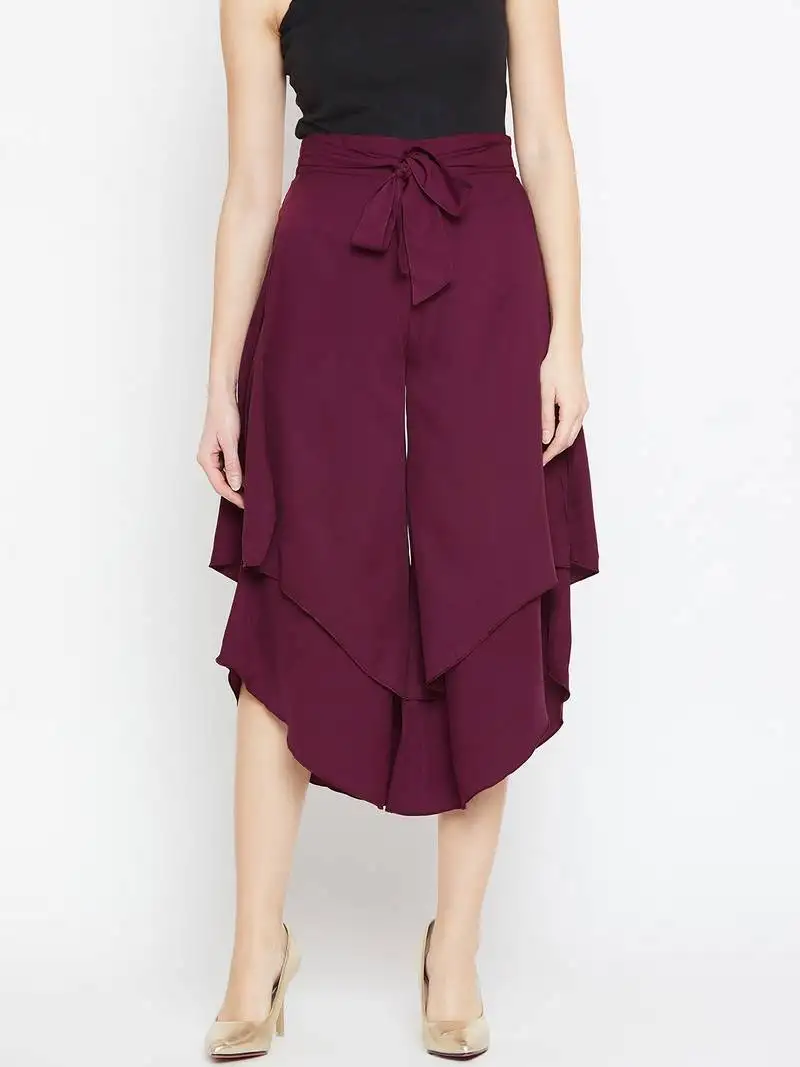 Women burgundy asymmetrical layered trouser