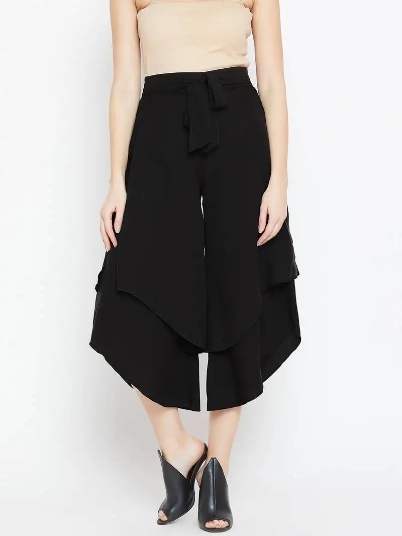 Women black asymmetrical layered trouser