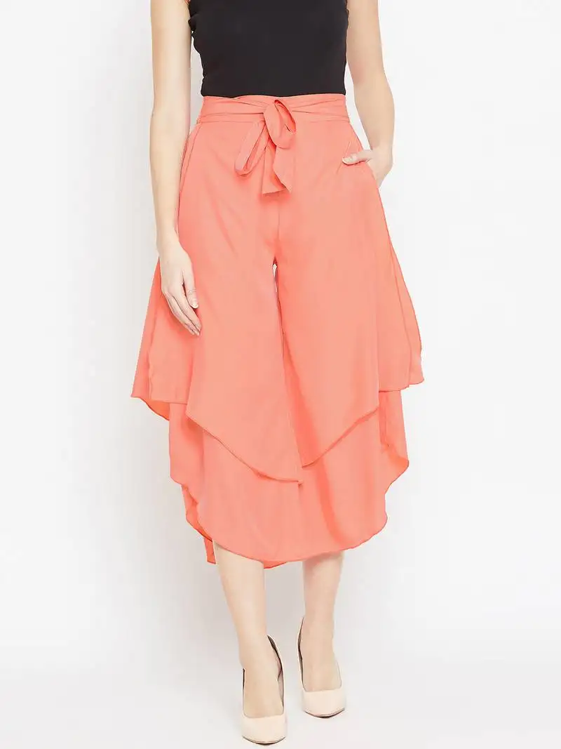 Women coral asymmetrical layered trouser