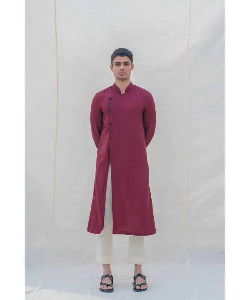 Cotton x linen in maroon kurta set