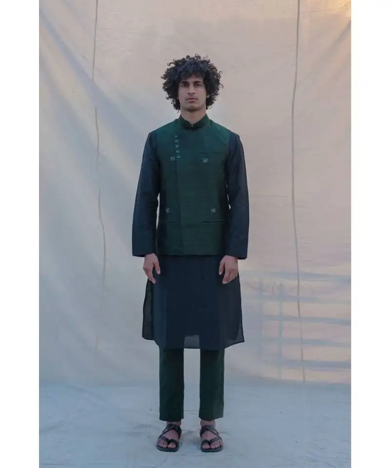 Raw silk green waist coat kurta and pant set