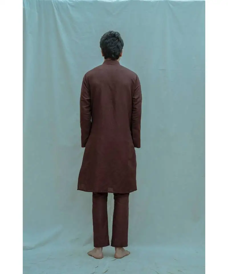 Cotton x linen pleated angrakha kurta in brown kurta and pants