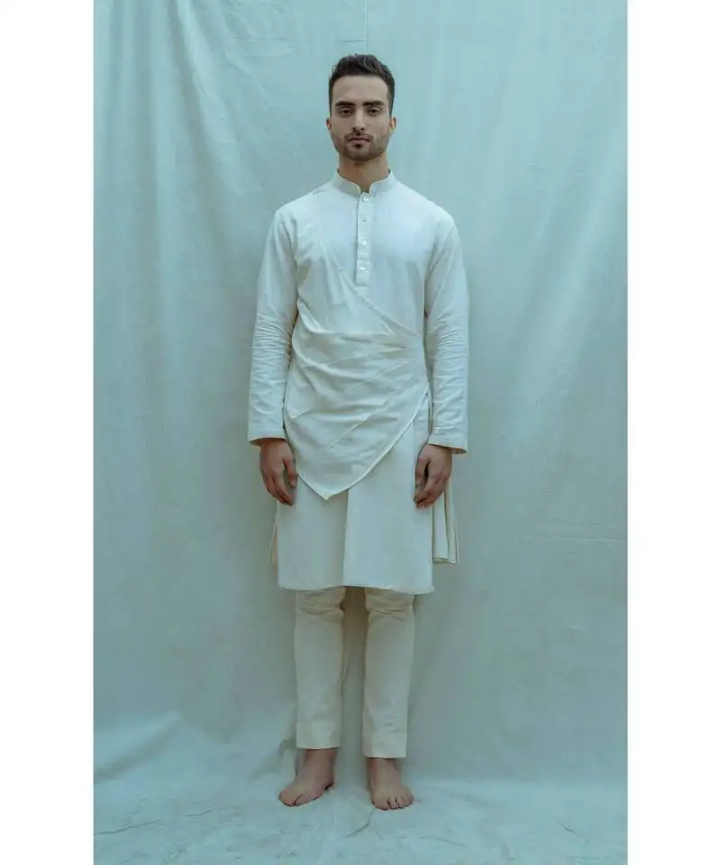 Cotton x linen pleated angarakha kurta in off white and pants