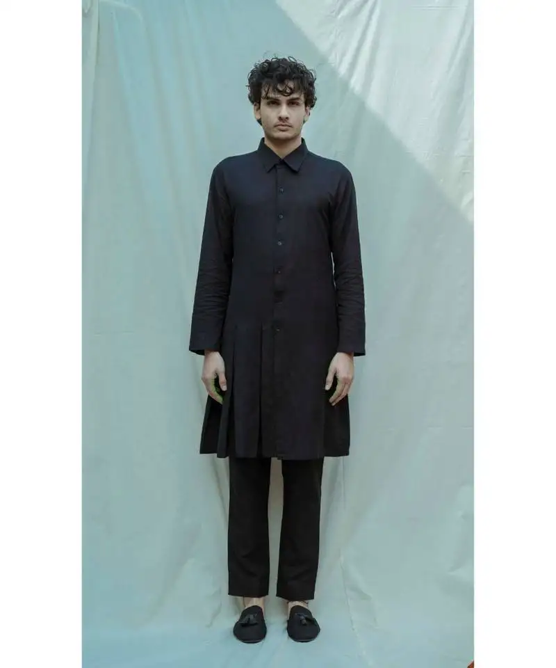 Cotton x linen box pleated black kurta and pants