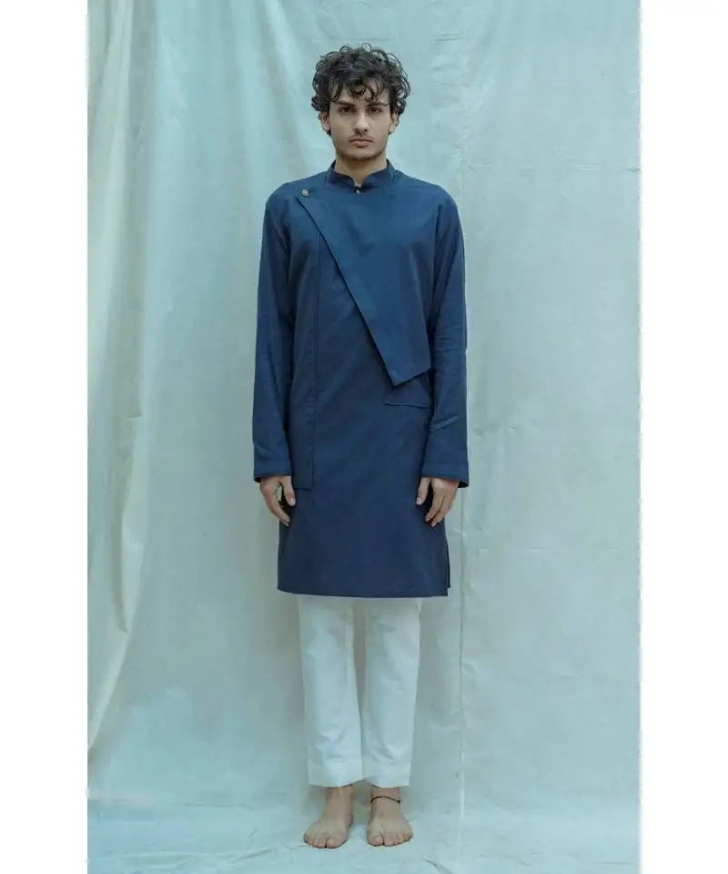 Cotton x linen overlap kurta in royal blue kurta and white pants