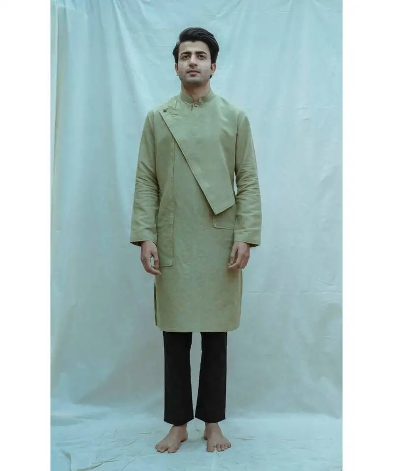 Cotton x linen overlap nature green kurta and black pants