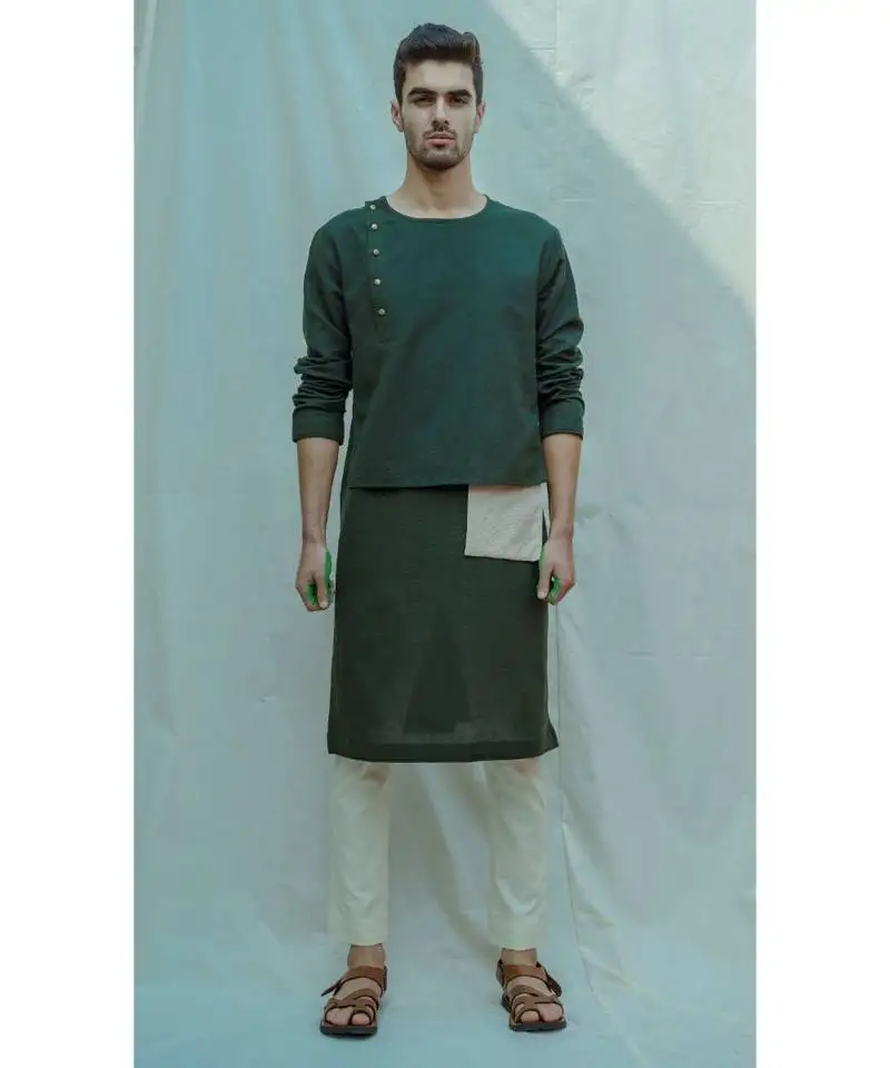 Cotton x linen surprise panel olive green kurta and off white pants