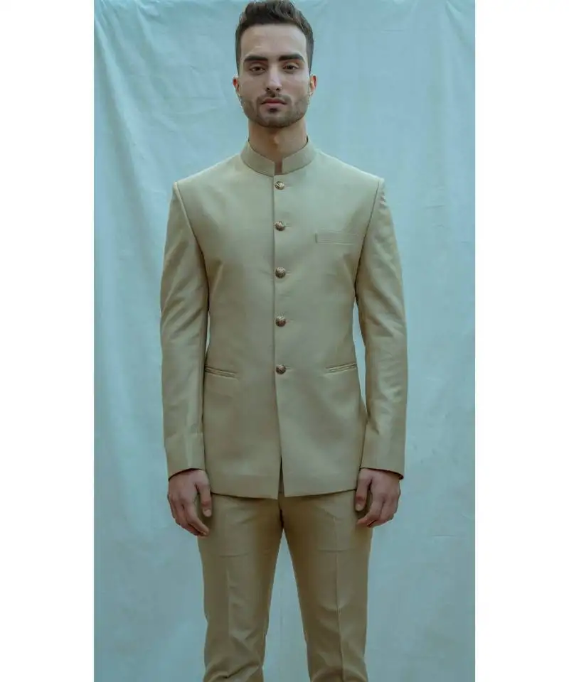 Beige bandgala suit with white band collar shirt