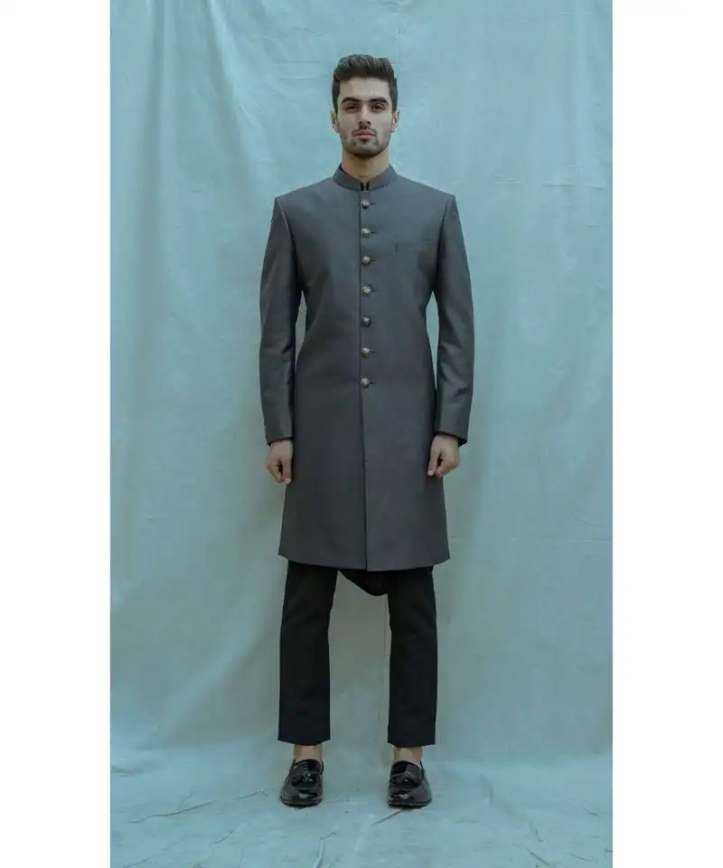 Dark grey achkan with black cowl kurta and black pants