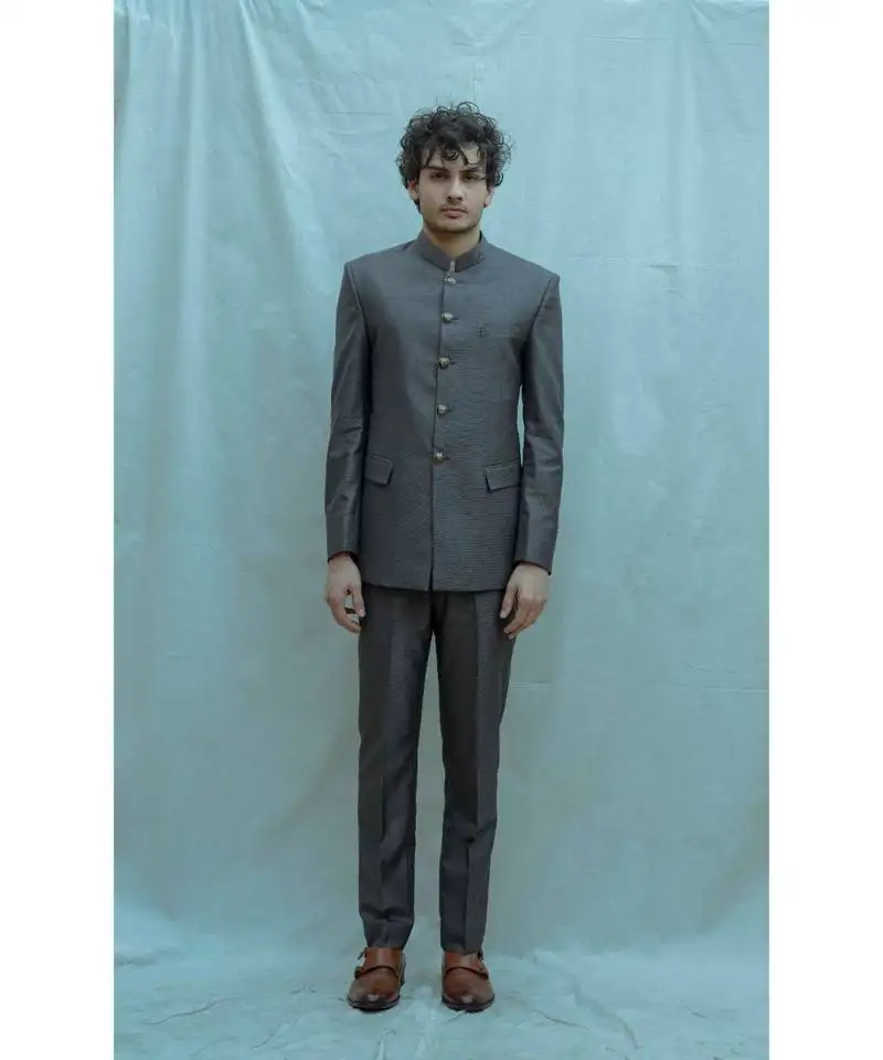 Dark grey bandgala suit with off white band collar shirt