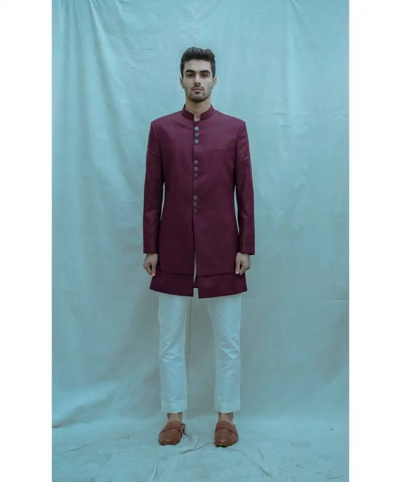 Wine color achkan with white kurta and white pants