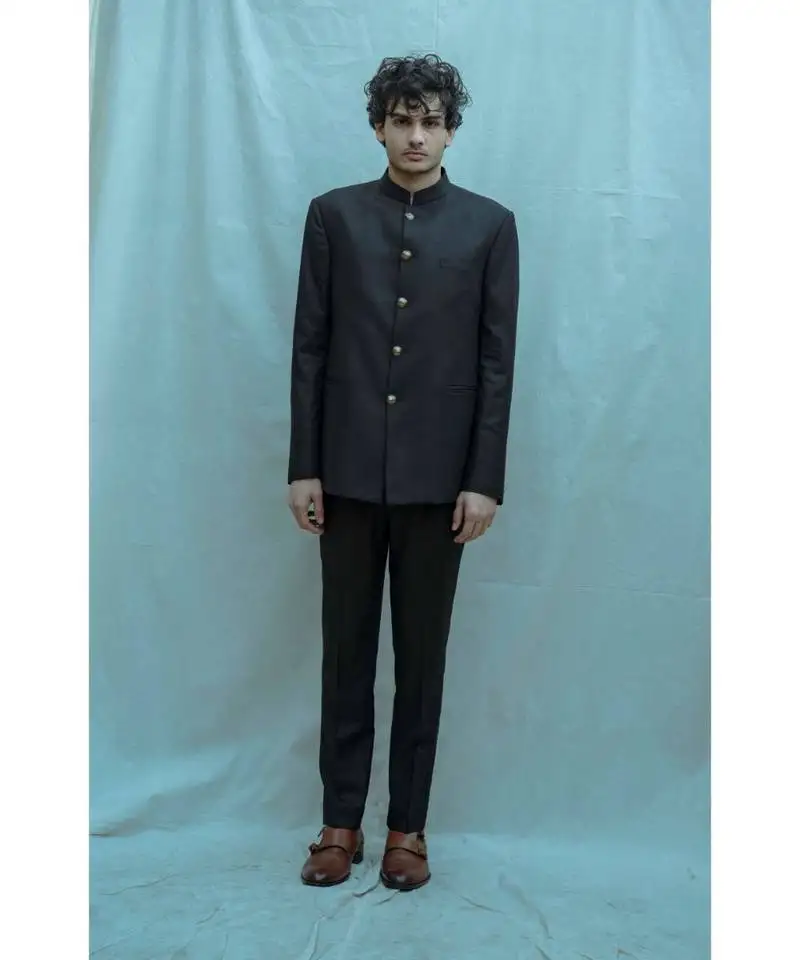 Black bandgala suit with matching pants and white band collar shirt