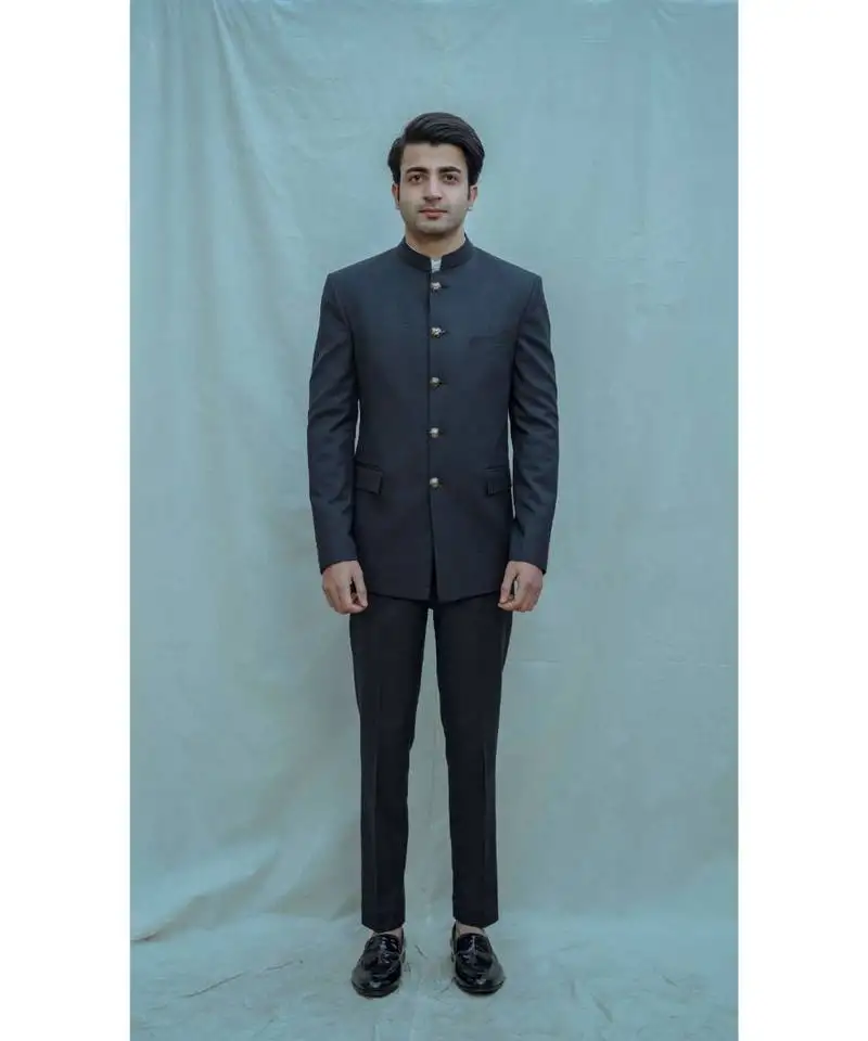 Blue textured bandgala suit with matching pants and white band collar shirt