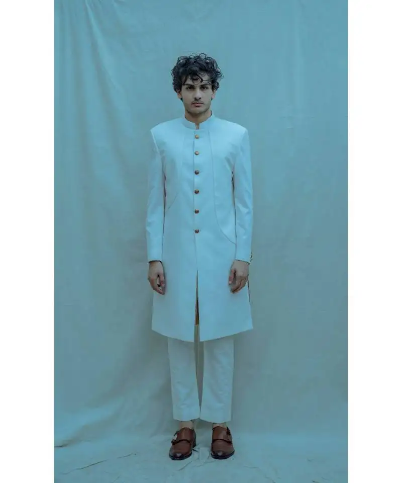 Off-white achkan sherwani with panelled design