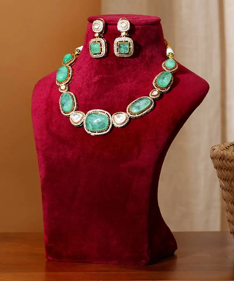 Gold plated sage green kundan necklace set