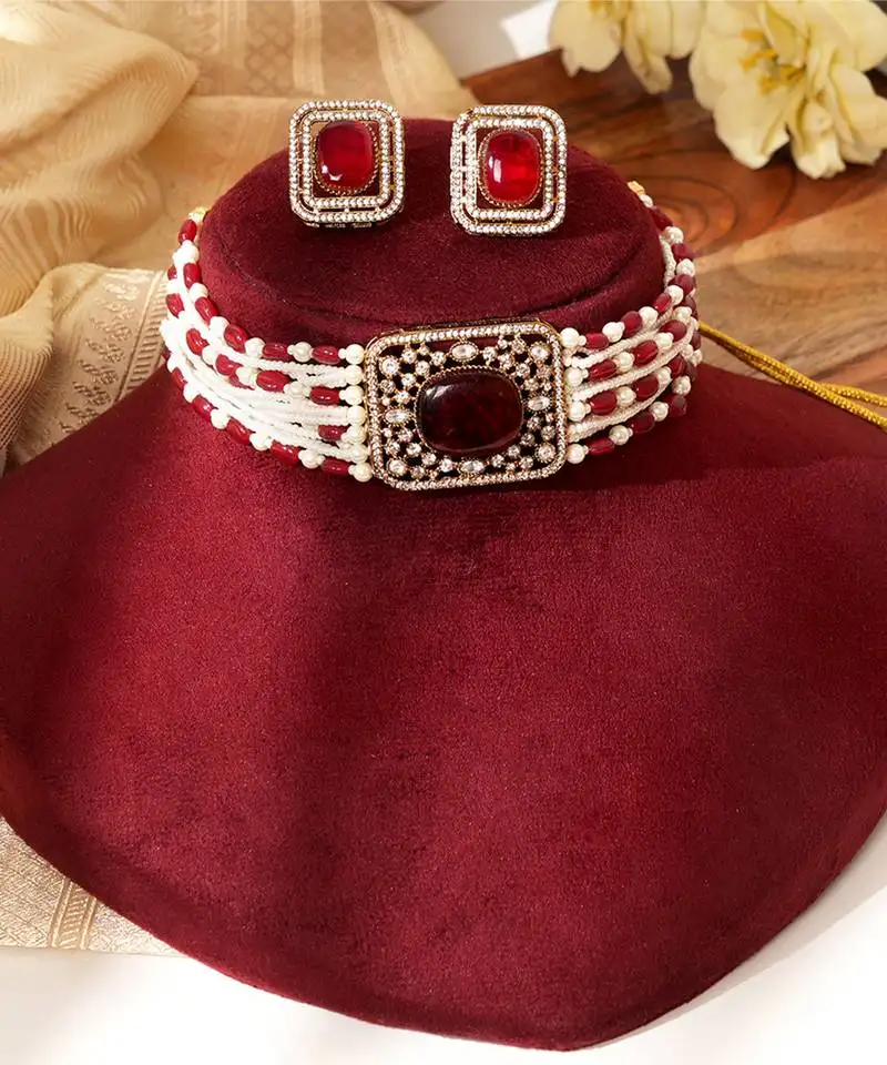 Gold plated red stone kundan choker necklace set