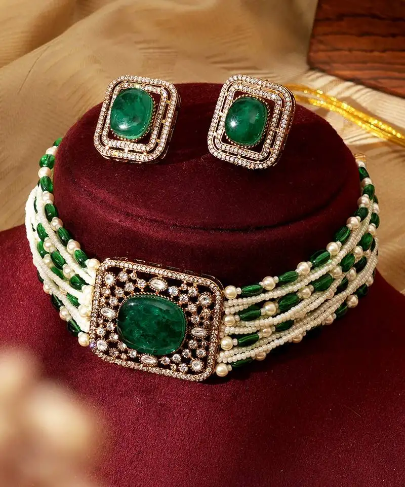 Gold plated green stone kundan choker necklace set