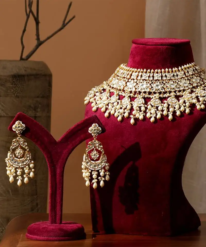 Gold plated kundan pearl necklace set