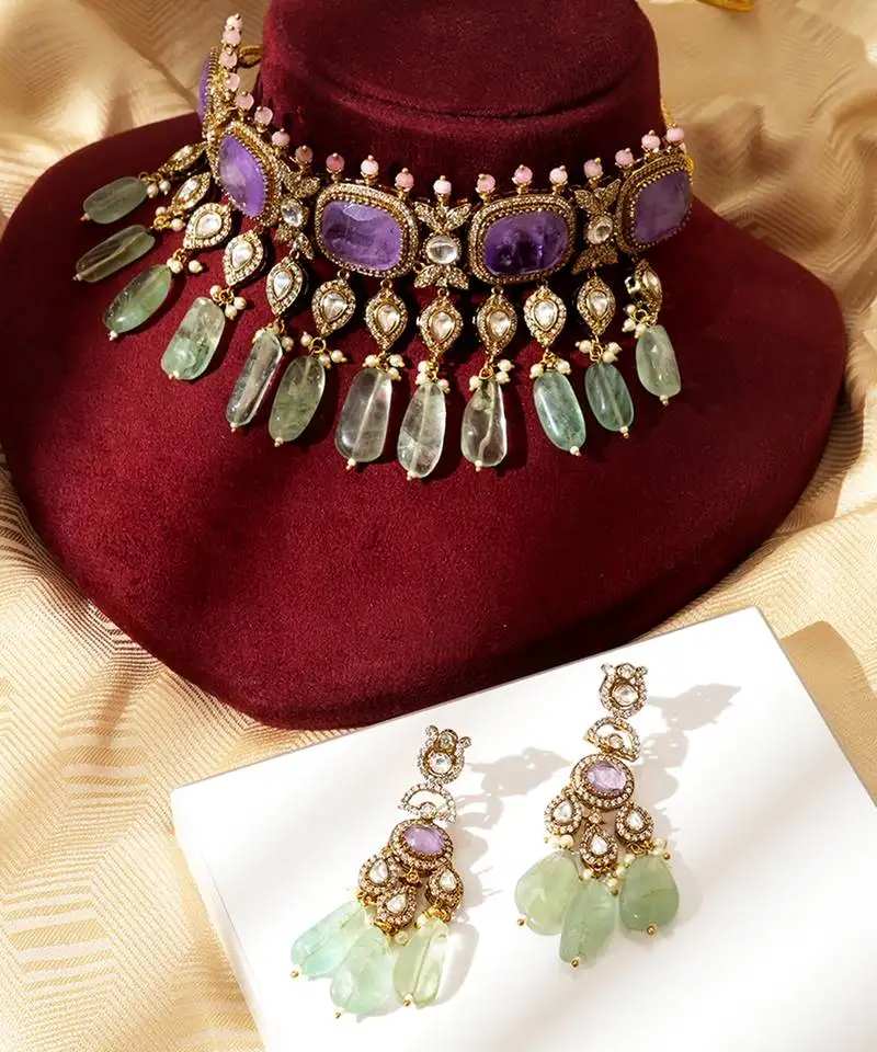 Gold plated multicolor kundan choker necklace set