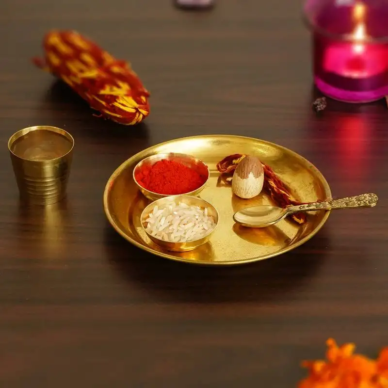 5 inch brass pooja thali with 2 katori::Bowls 1 spoon and 1 glass