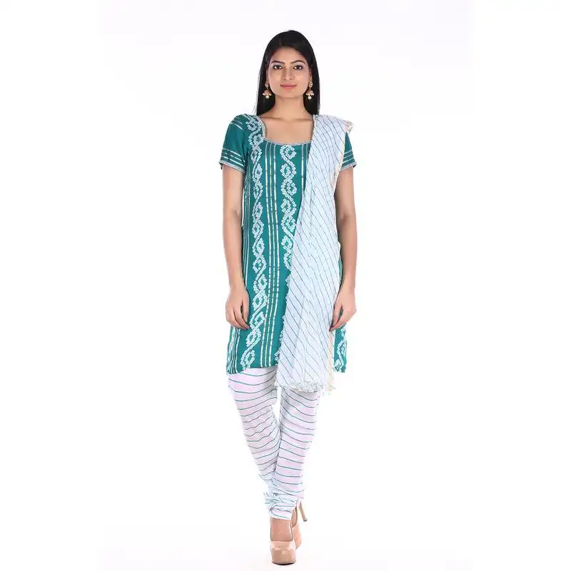 Sea green cotton unstitched bandhej dress material