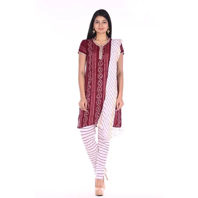 Maroon cotton unstitched bandhej dress material